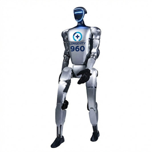 Performance Coach Robot R1. Fully upgraded with proprietary Longevity960 AI systems, this next-generation humanoid robot has been transformed into a precision-engineered performance and longevity coach.  It is not simply a robot.