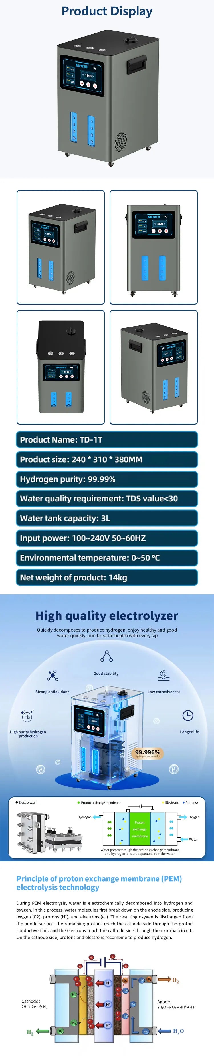 Hydrogen Therapy High Flow 1500ML 3000ML Hydrogen Oxygen Inhalation Machine Generator Brown Gas Generator H2 Inhaler Device