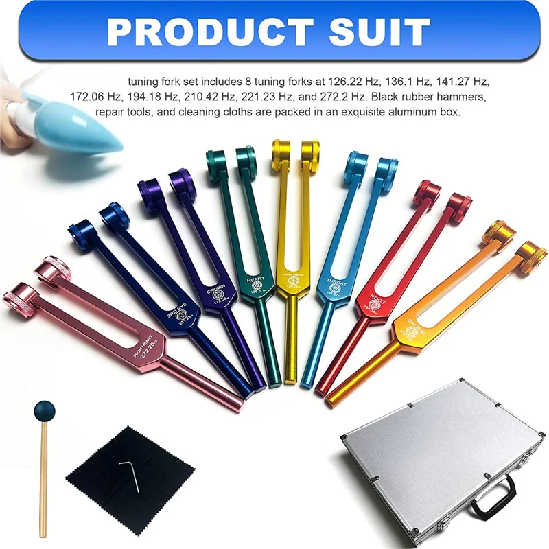 ABJA Chakra Tuning Fork Set for Healing,Sound Therapy,Keep Body,with Rubber Mallet,Wrench,Cleaning Cloth and Aluminum Box